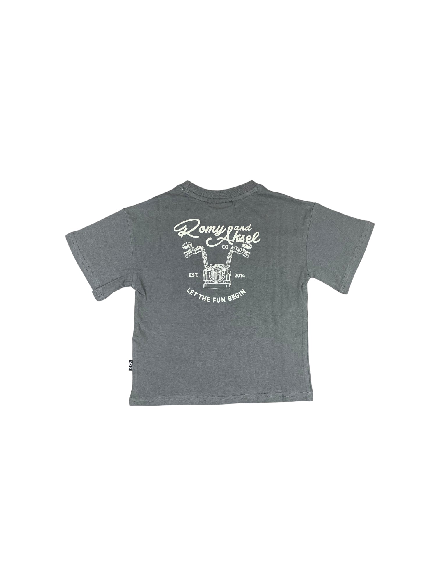 T-shirt de couleur gris-vert de Romy&Aksel. Imprimé de moto.