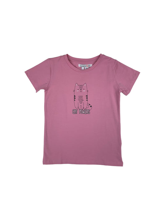 Devant T-shirt rose avec chat.