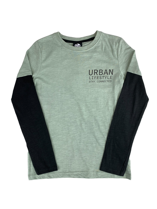 Long sleeve t-shirt in green and black 10 to 12 years